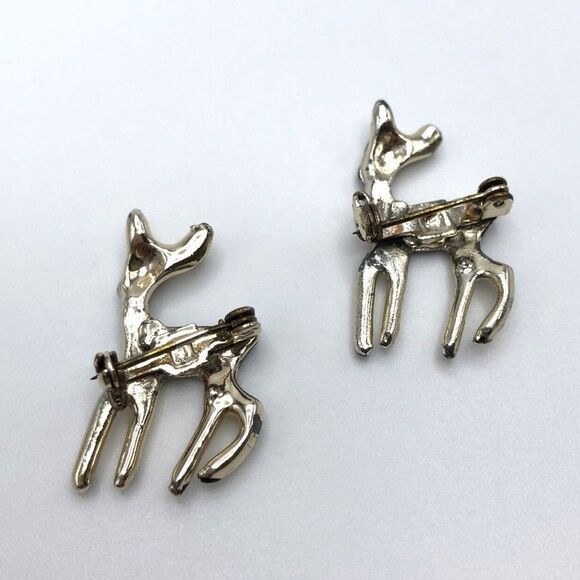 Vintage Fawn Deer Metal Enamel Rhinestone Scatter Brooches Set of 2 - Picture 2 of 2